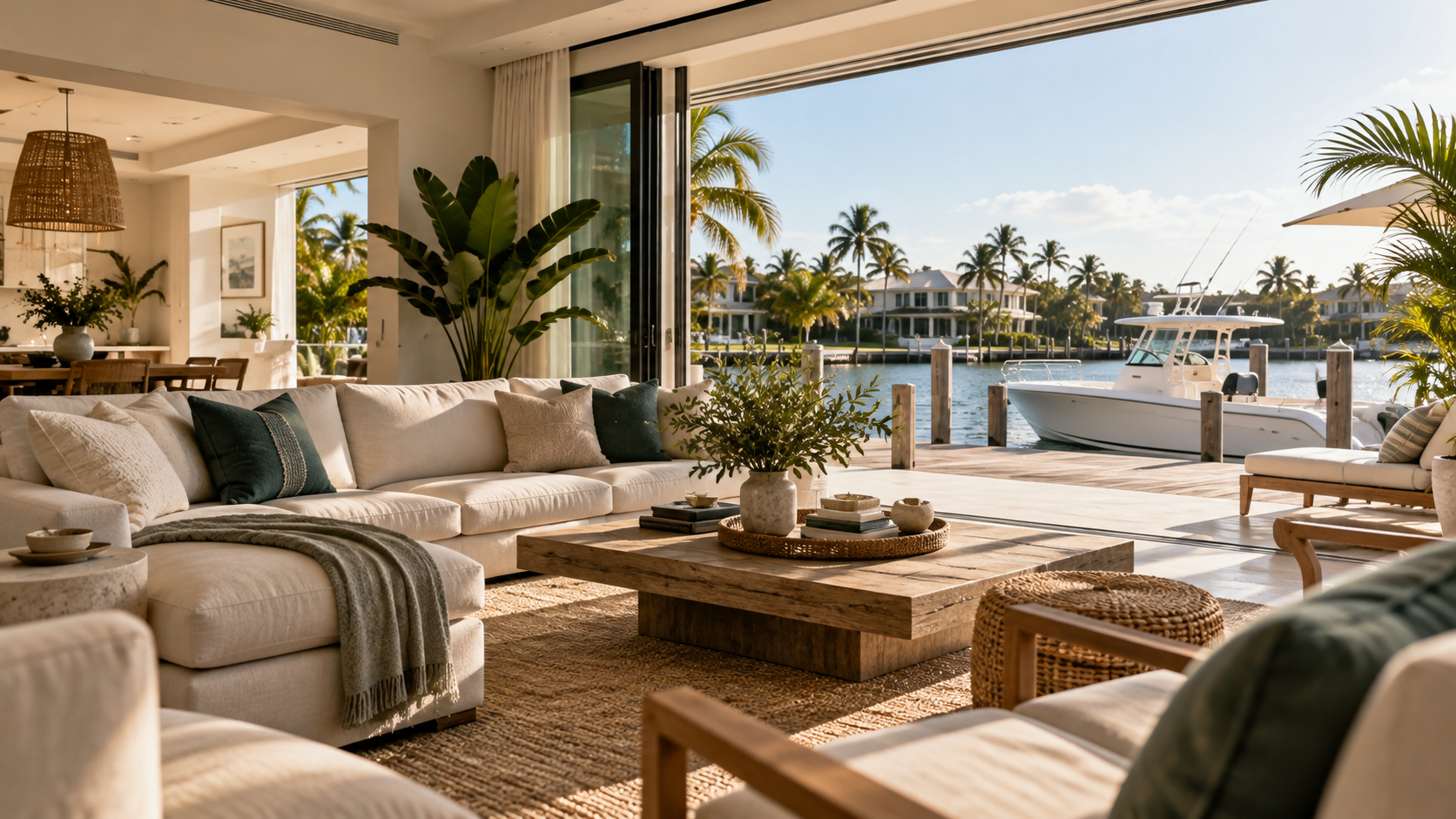 Illustrative waterfront home opening to a private dock and boat